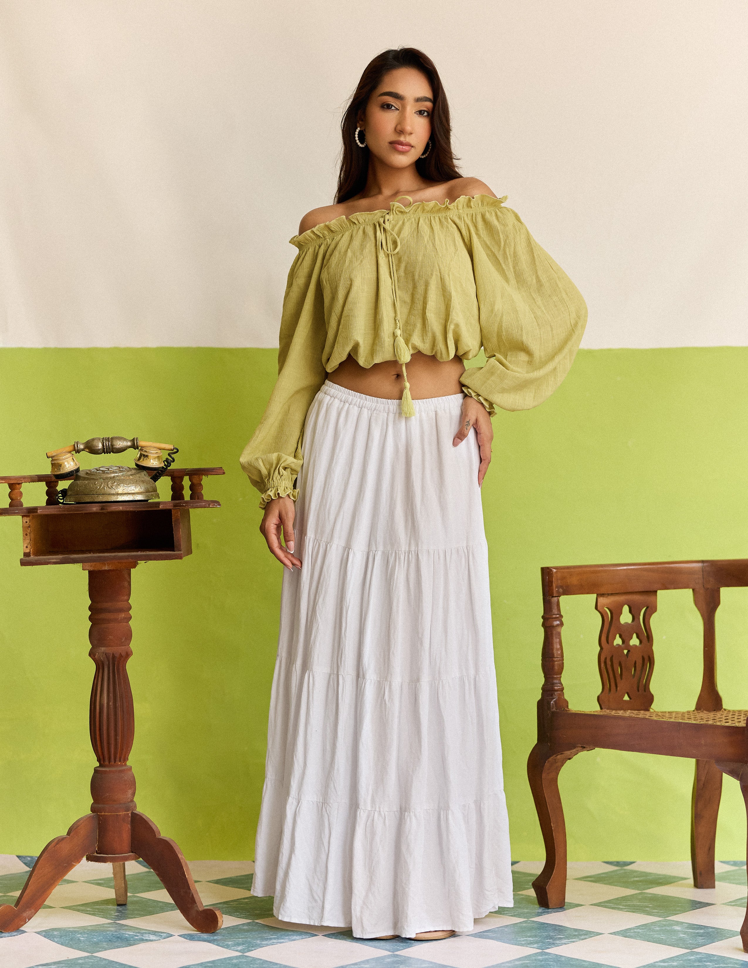 Tassel Detailed Baloon Sleeved Off Shoulder Top