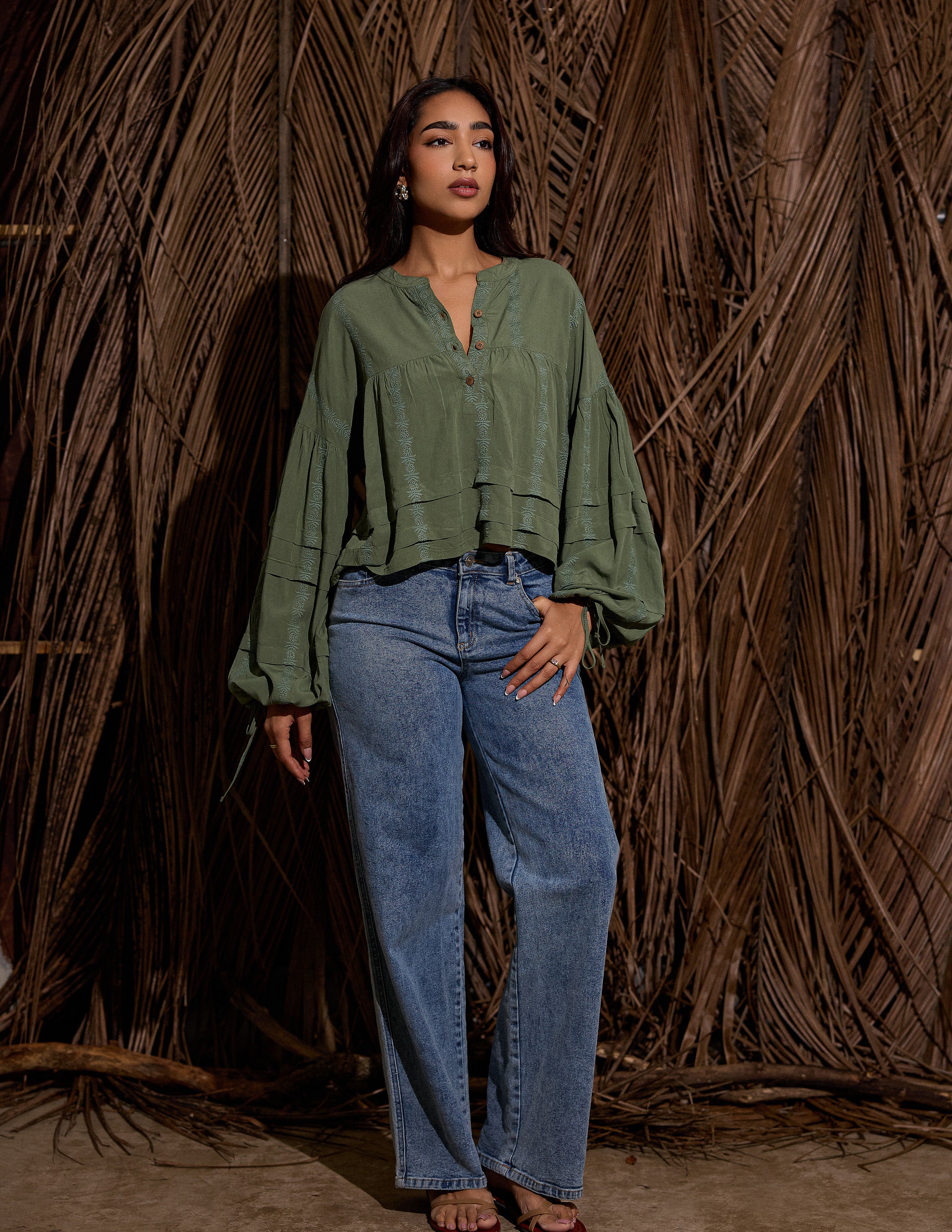 Pintuck Detail Embroidered Top