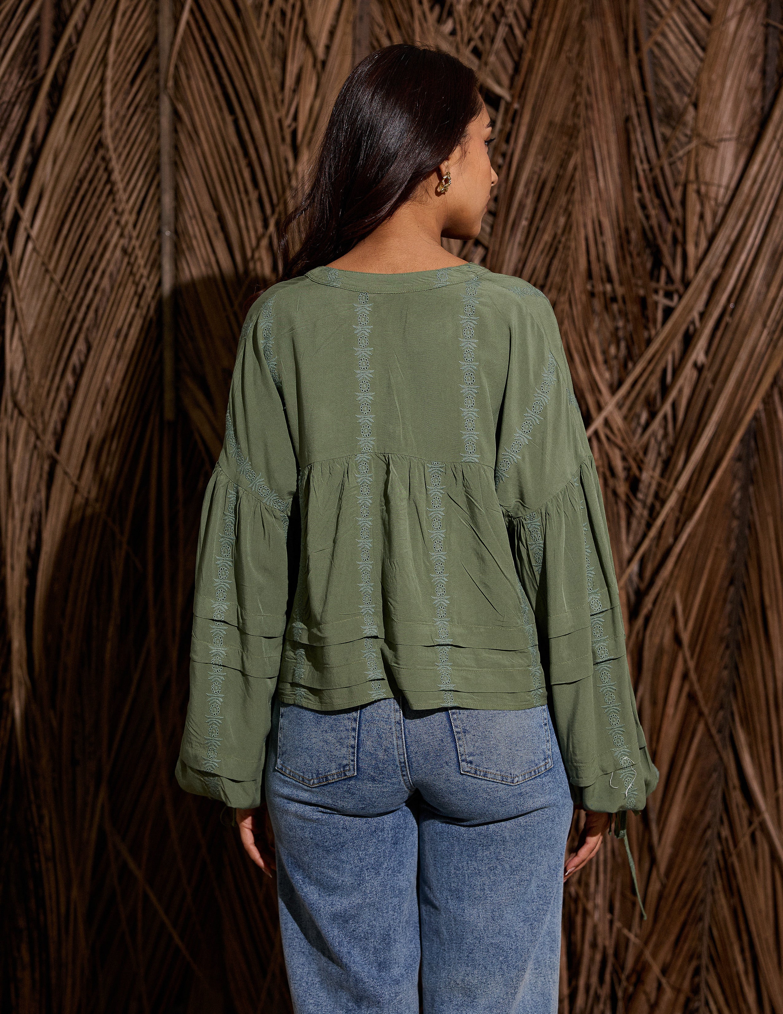 Pintuck Detail Embroidered Top