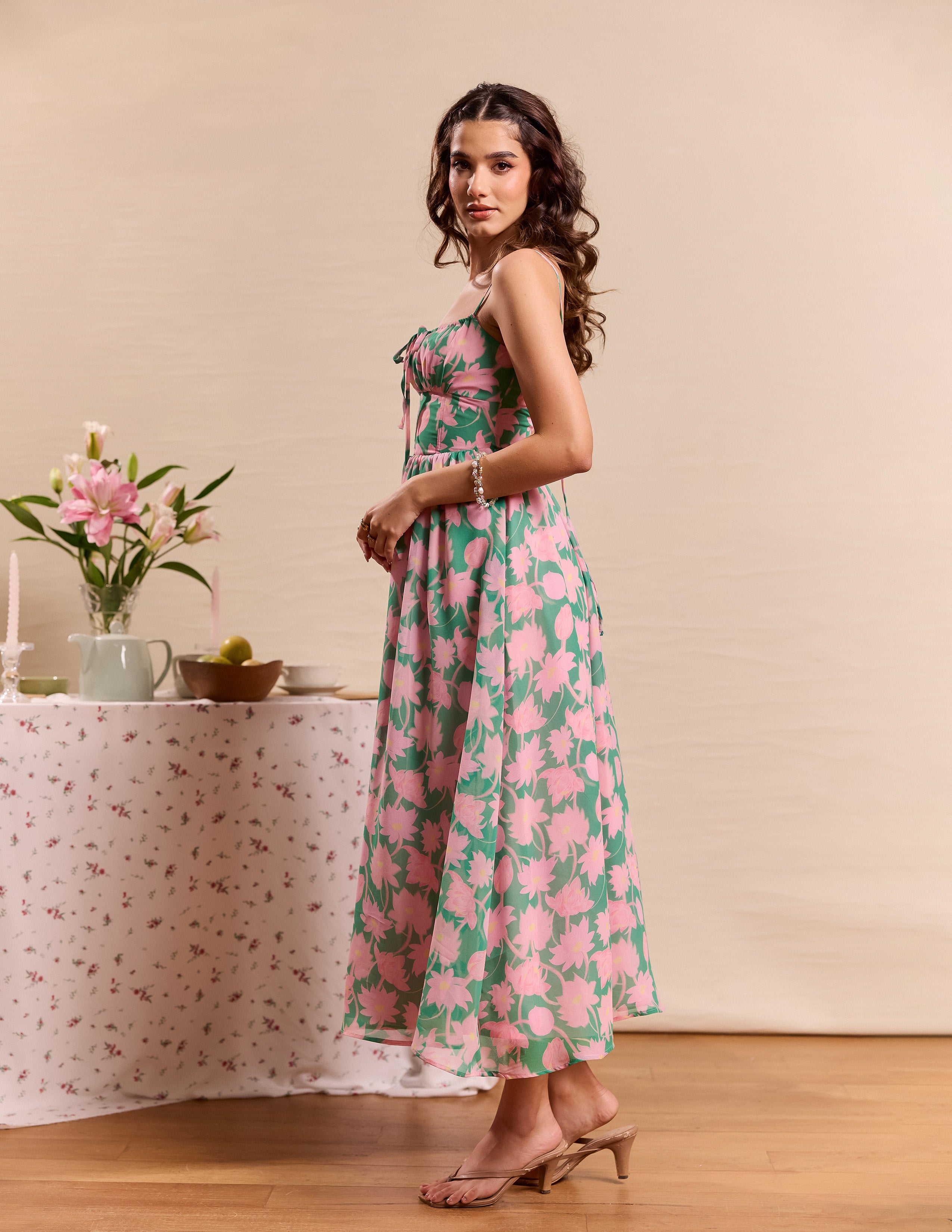 Front Bustier Tie Up Printed Maxi Dress