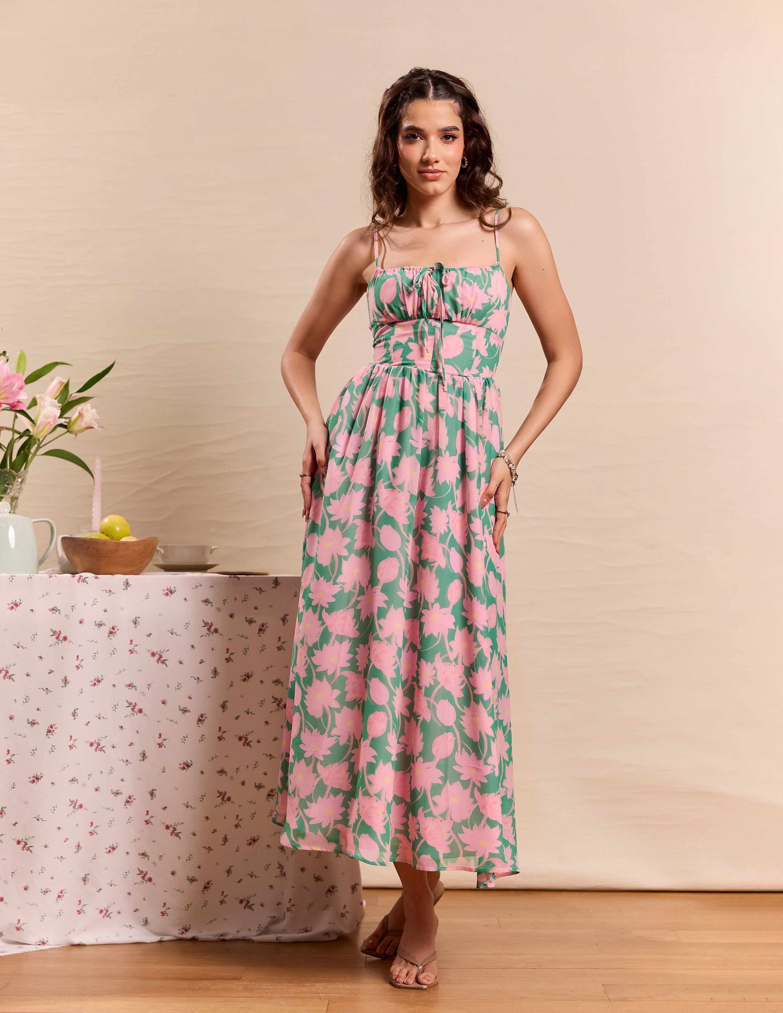 Front Bustier Tie Up Printed Maxi Dress