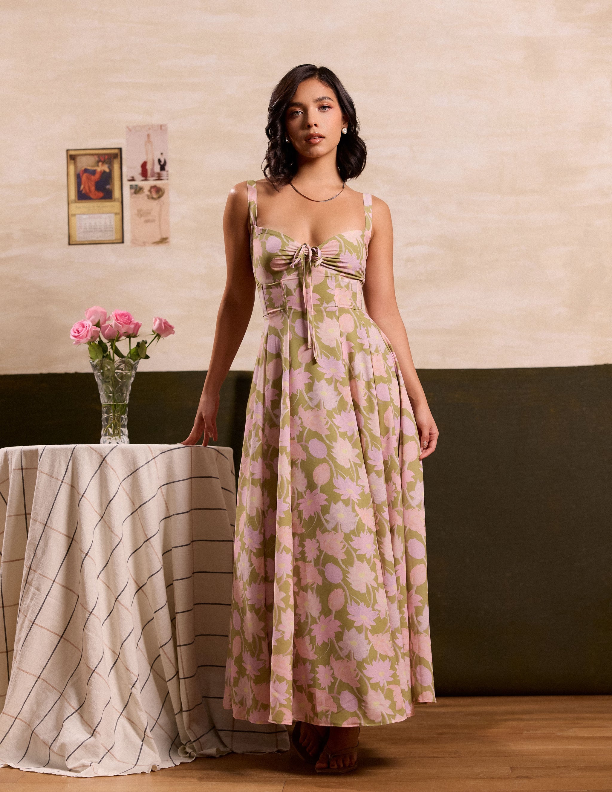 slim fit dress slacks Front Ruched Flared Maxi Dress