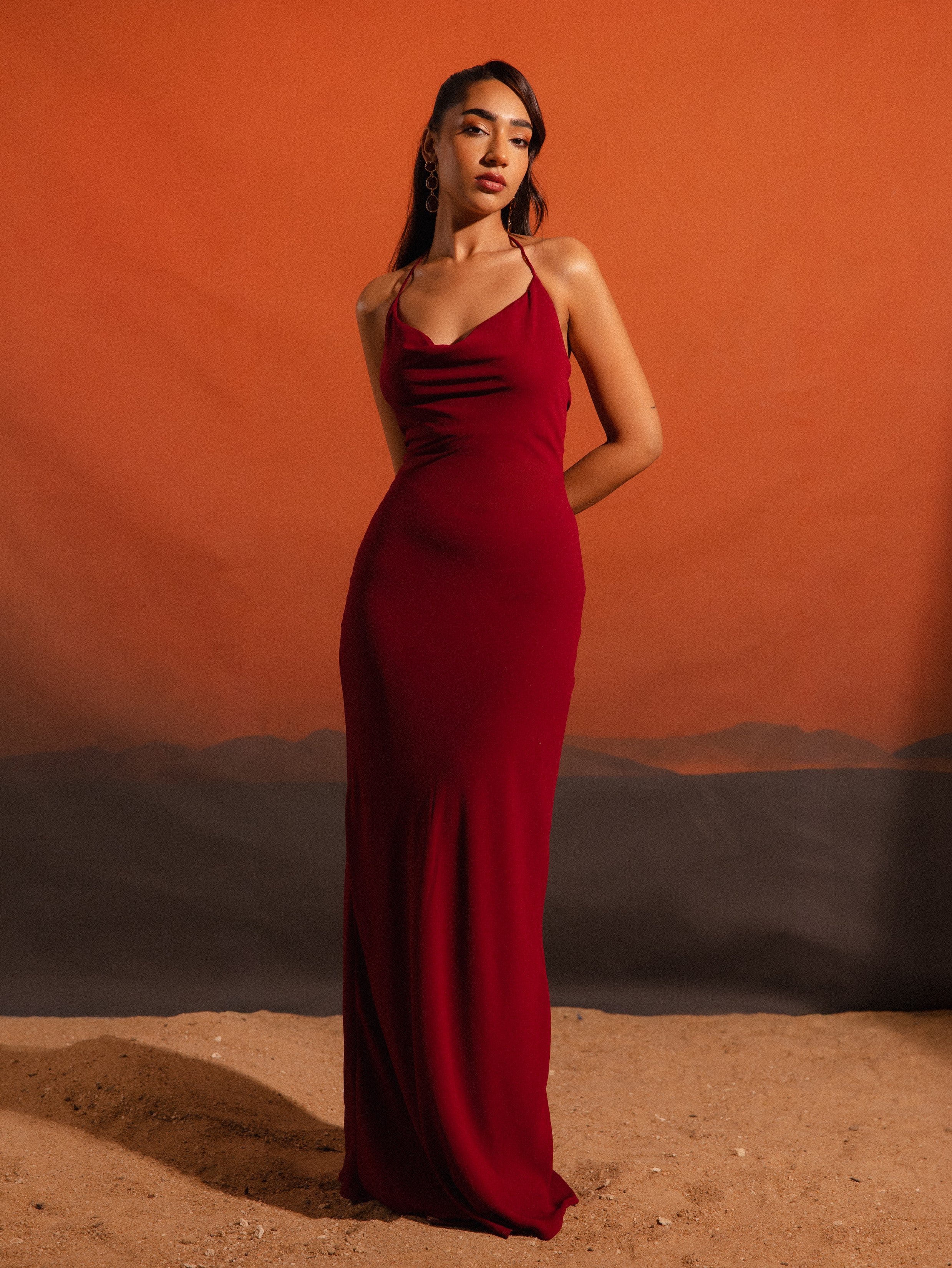 Front Cowl back Tie Up Maxi Dress