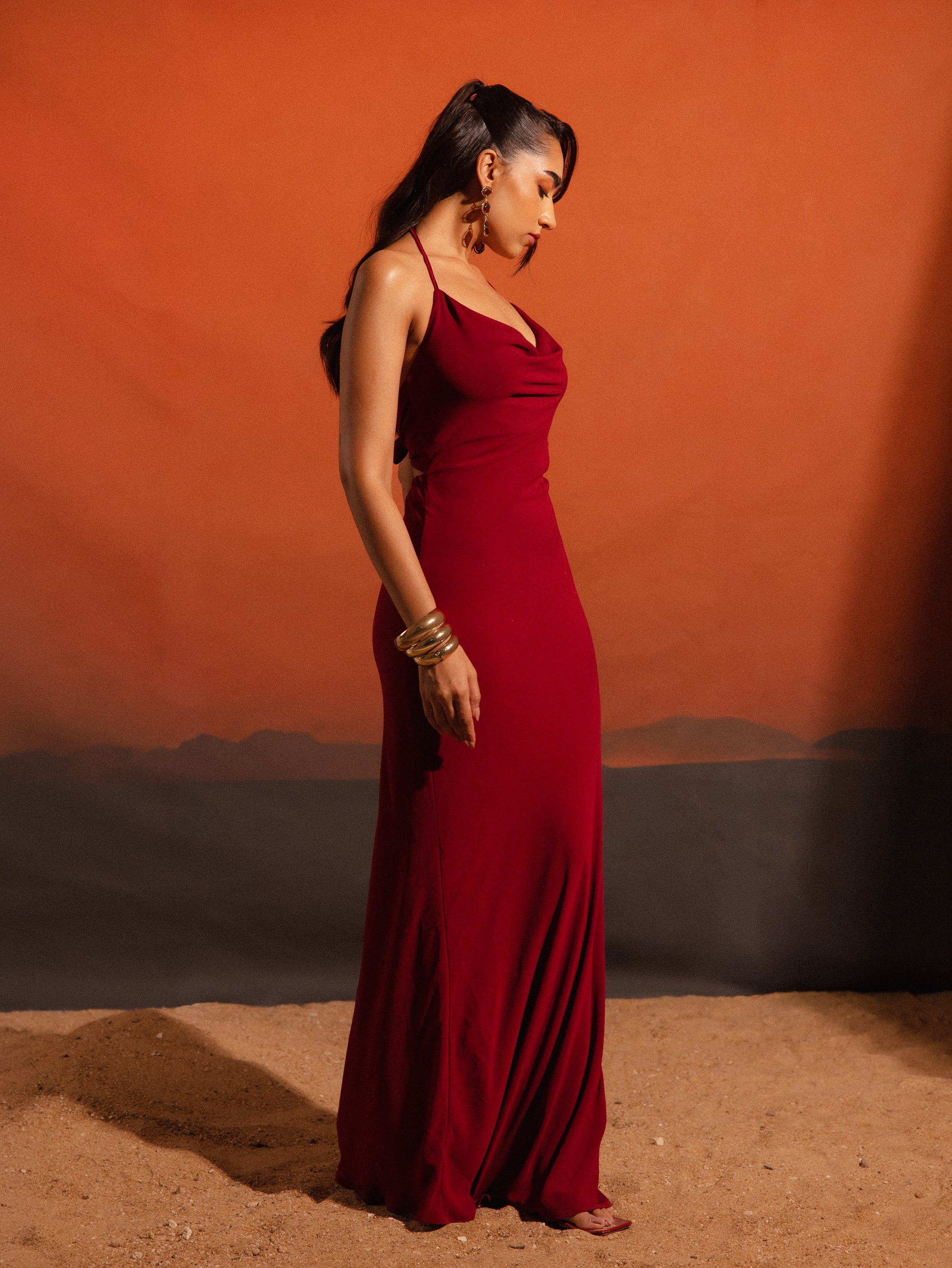 Front Cowl back Tie Up Maxi Dress