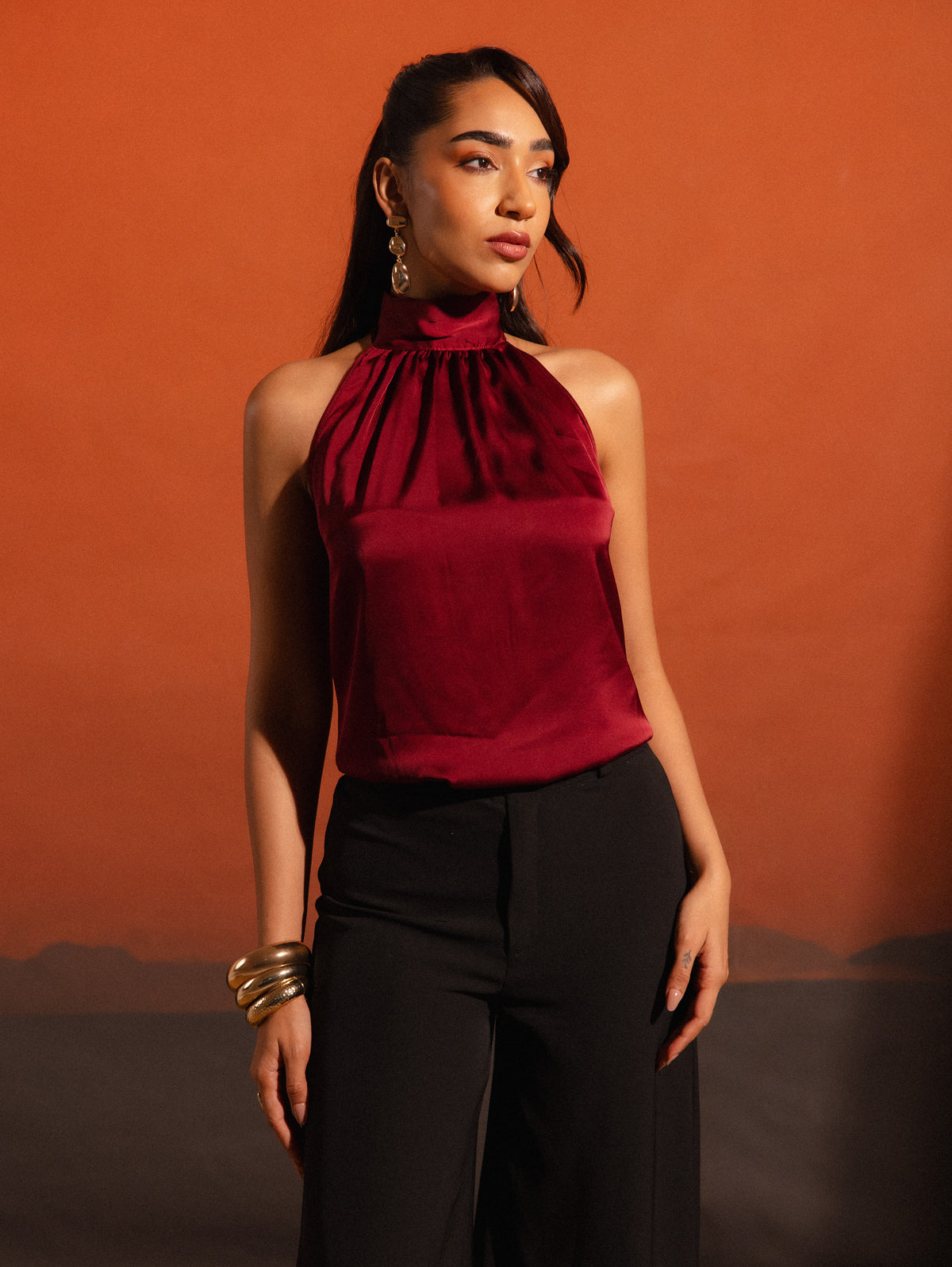 High Neck Tie Up Detailed Top