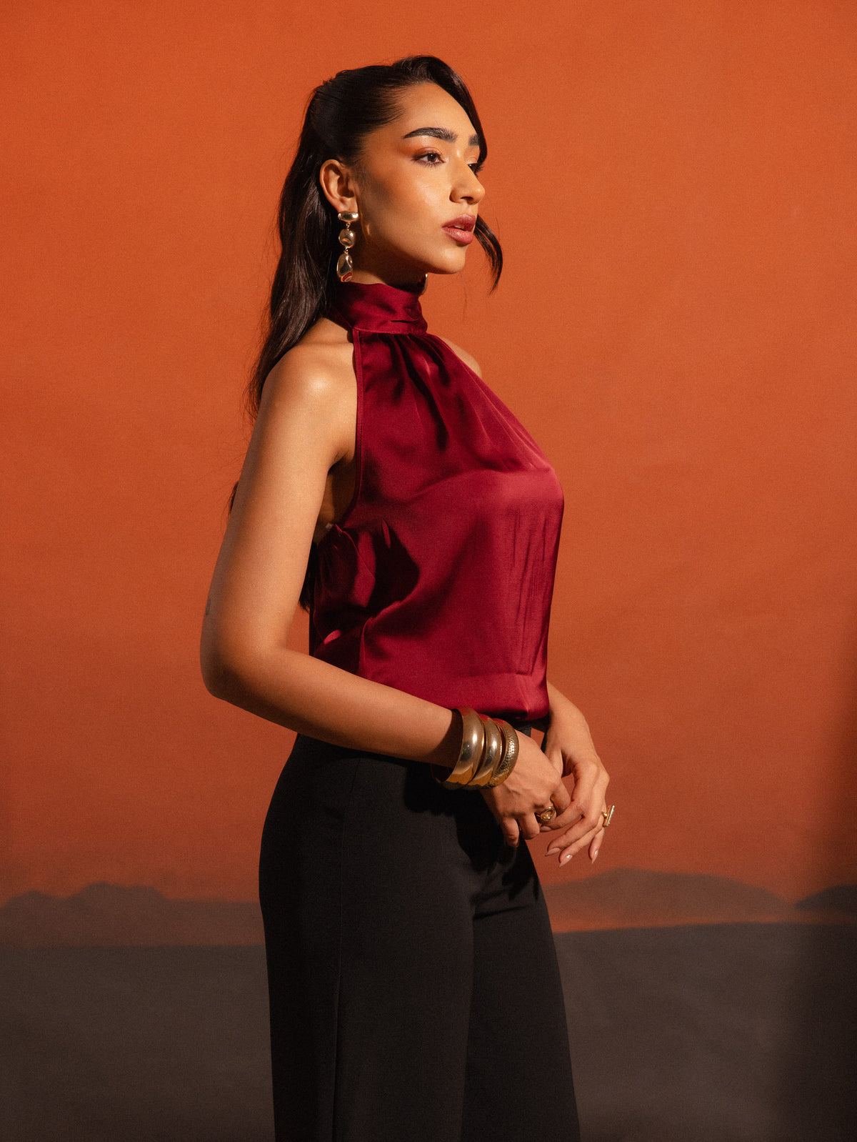 High Neck Tie Up Detailed Top