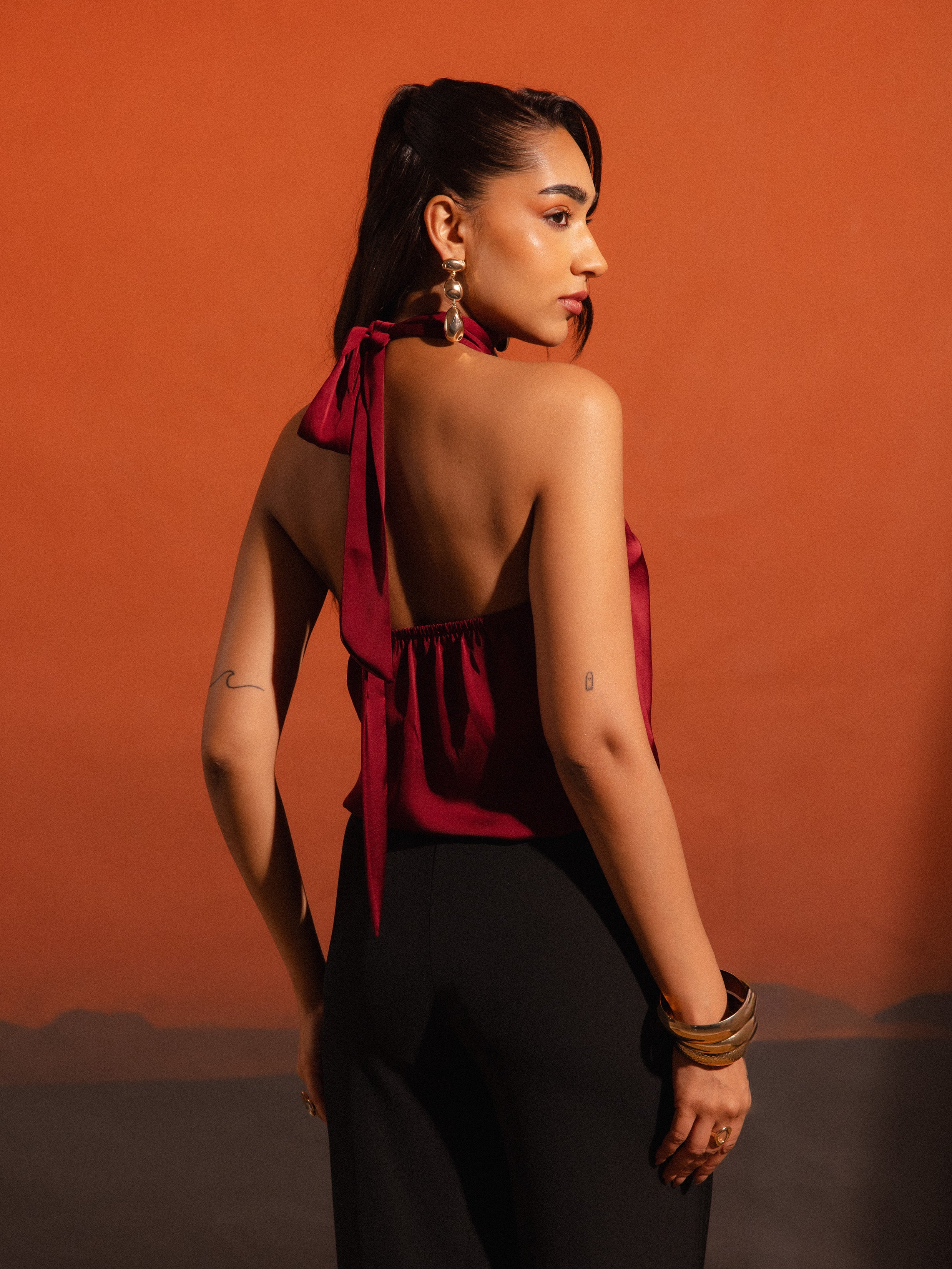 High Neck Tie Up Detailed Top