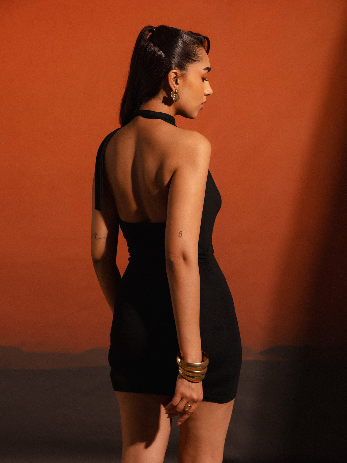 Front Cowl Halter Neck Tie Up Mini Dress