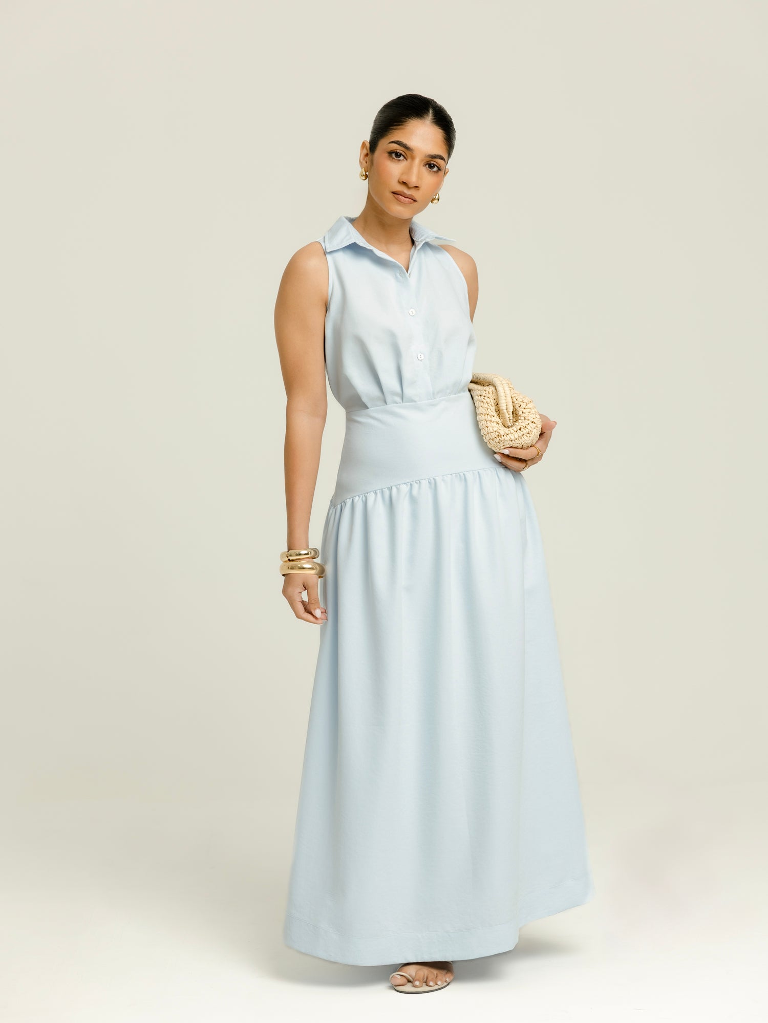 Collar Detailed Yoke Gathering Maxi Dress