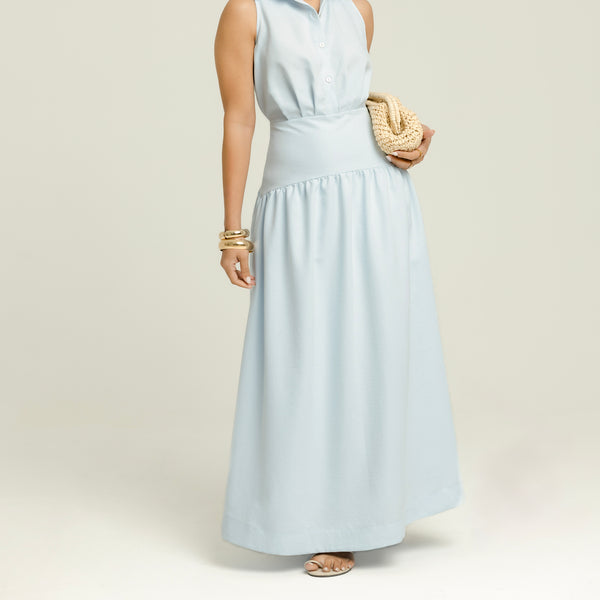 Collar Detailed Yoke Gathering Maxi Dress