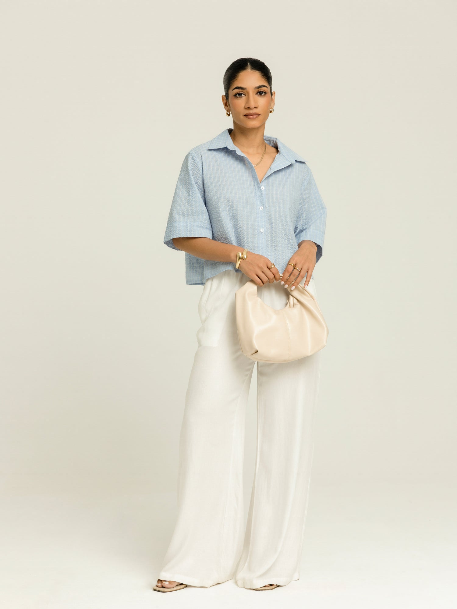 Collar Detailed Button Down Short Sleeved Oversized Crop Top