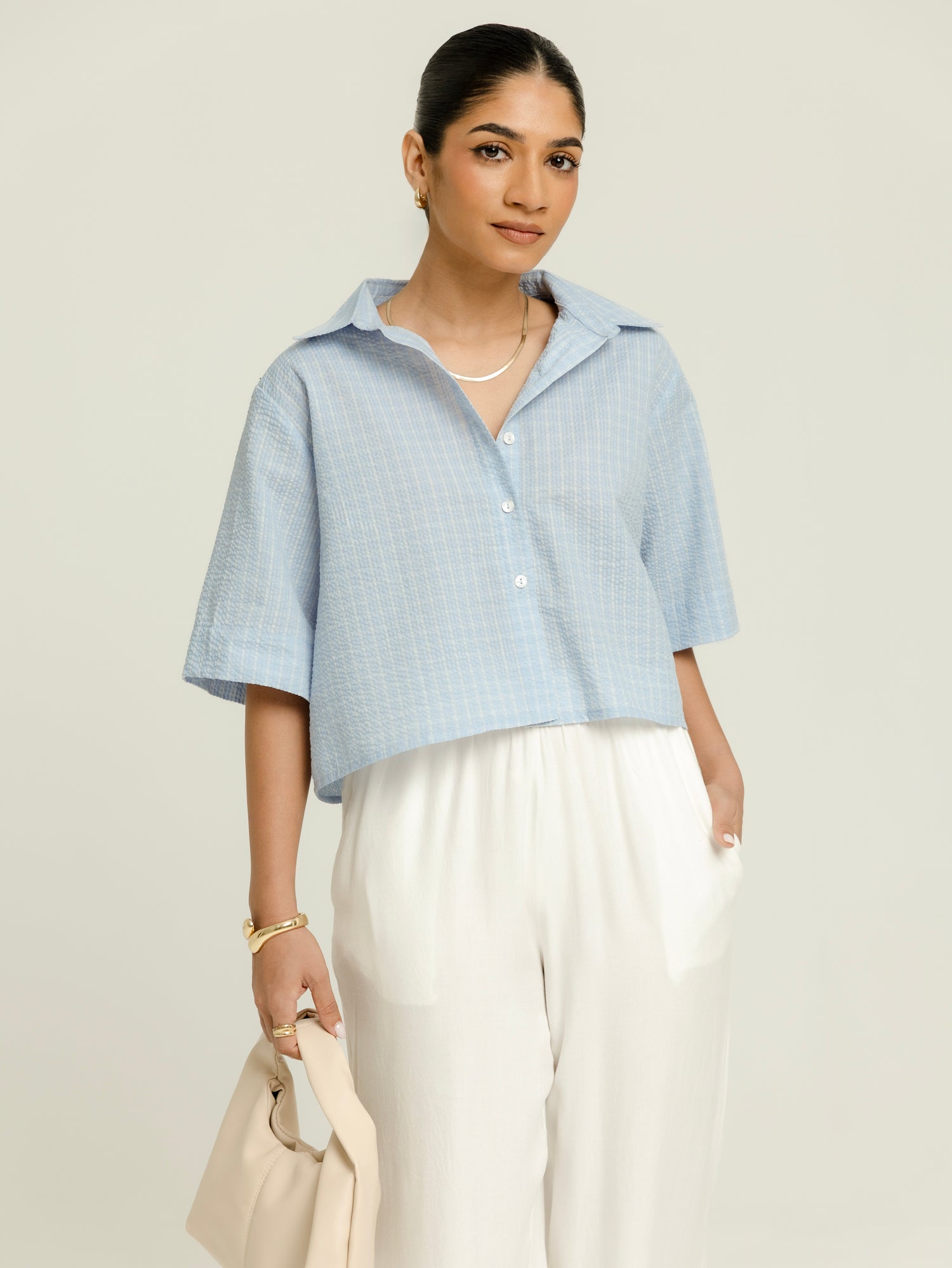 Collar Detailed Button Down Short Sleeved Oversized Crop Top