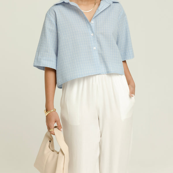Collar Detailed Button Down Short Sleeved Oversized Crop Top