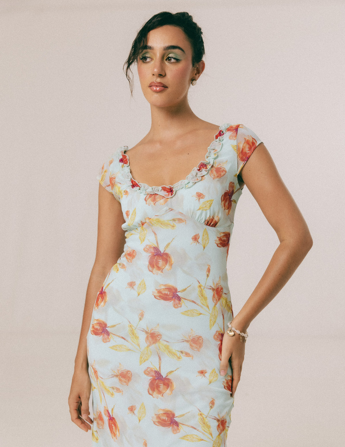 FRILL DETAILED PRINTED MAXI DRESS