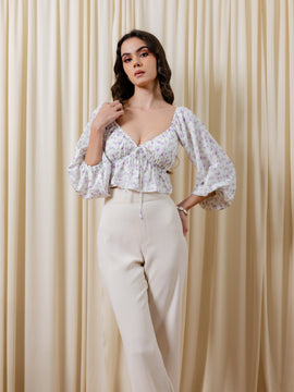Balloon Sleeved Front Tie Up Bustier Top