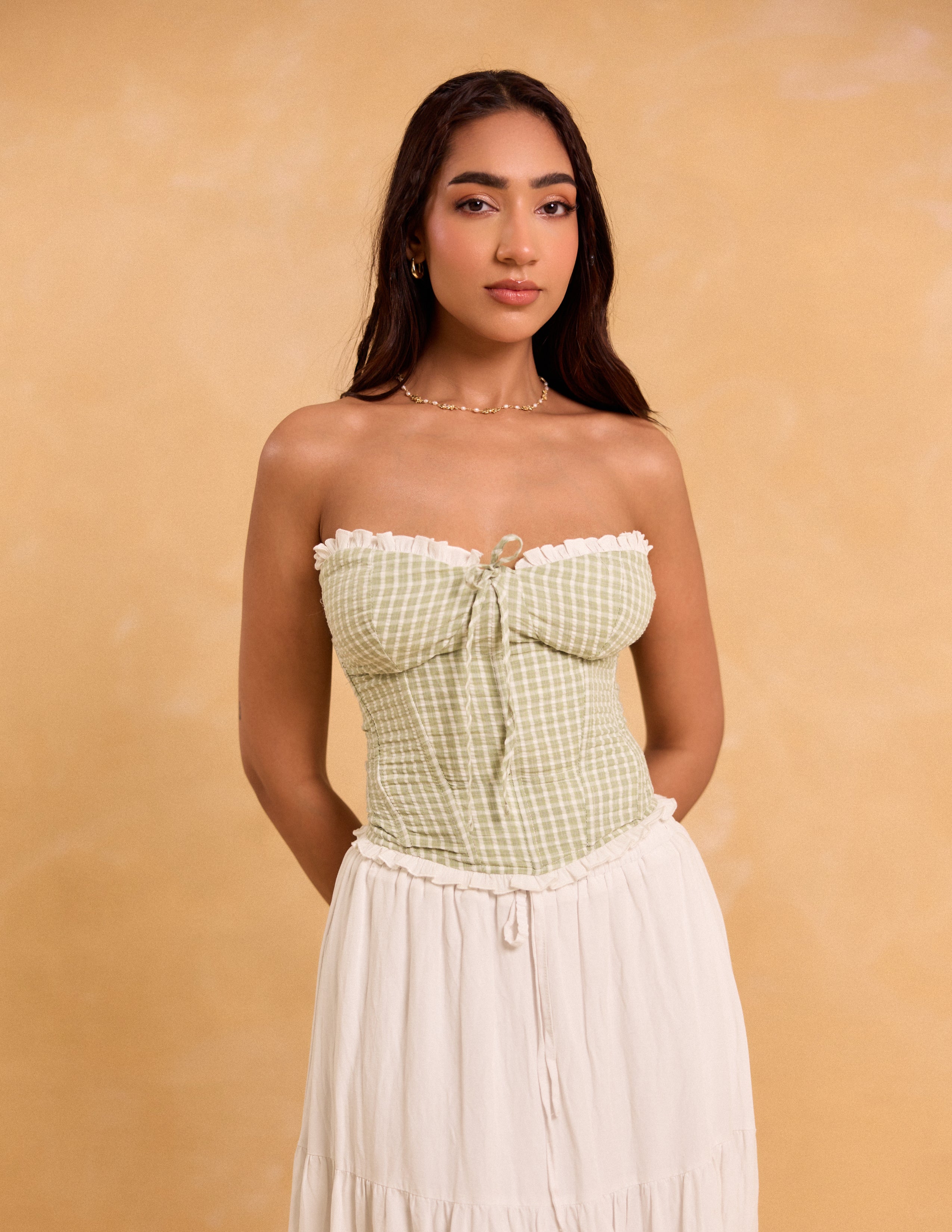 Frill Detailed Printed Corset Top