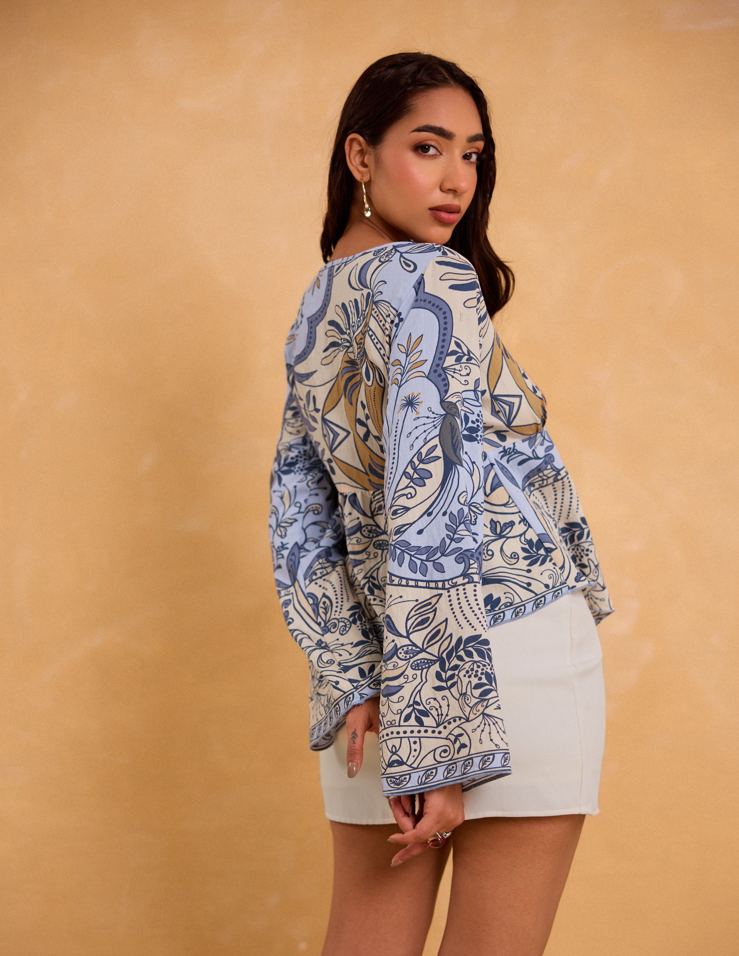 Front Tie Up Printed Long Sleeved Top