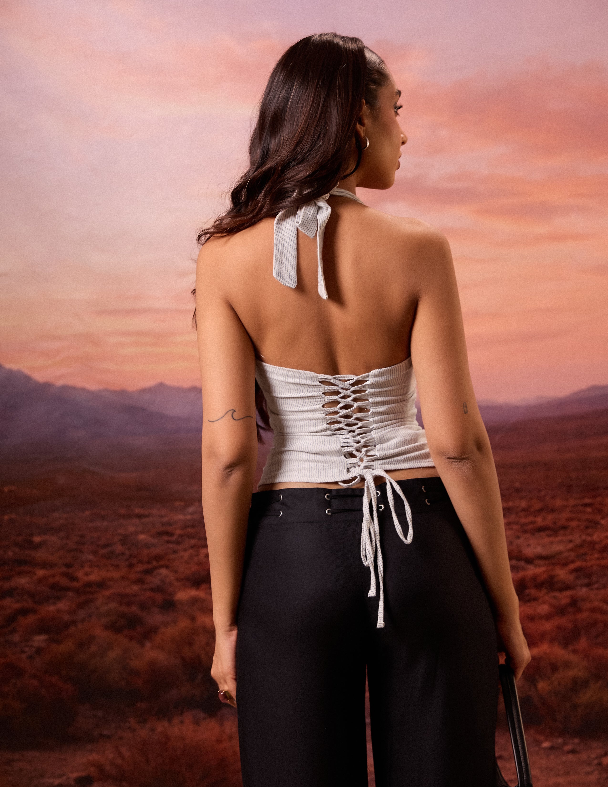 Front Ruched Back Tie Up Top