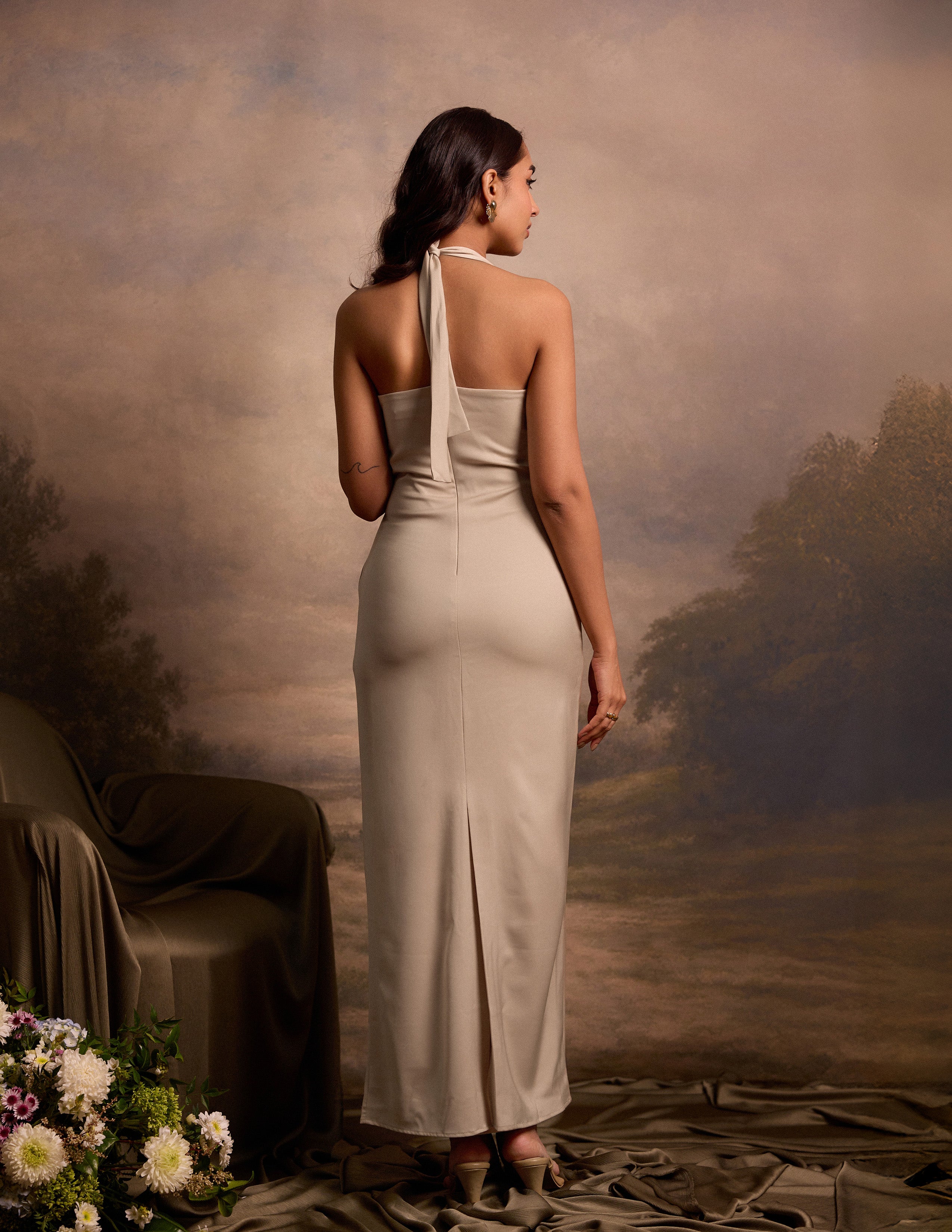 Halter Neck Fitted Satin Dress