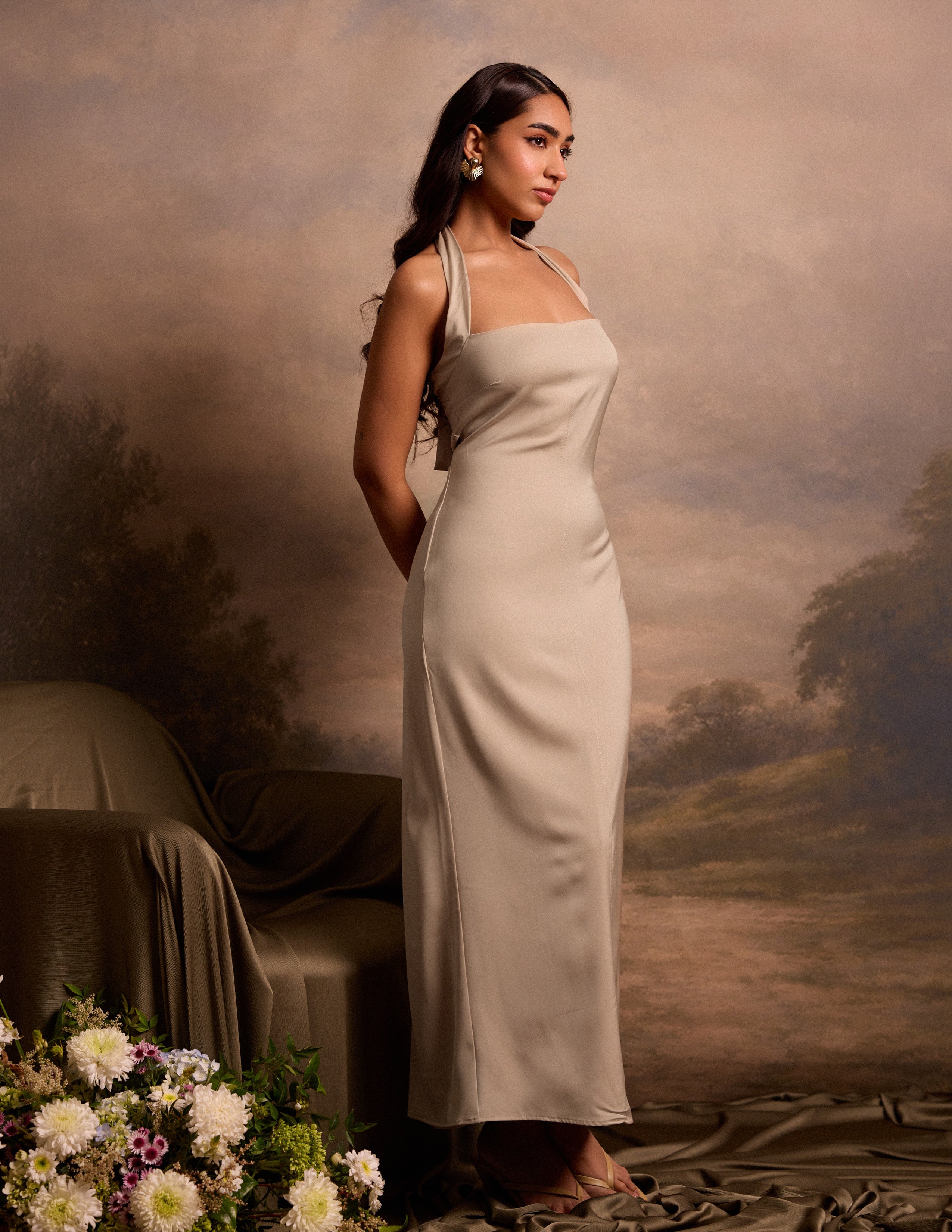 Halter Neck Fitted Satin Dress