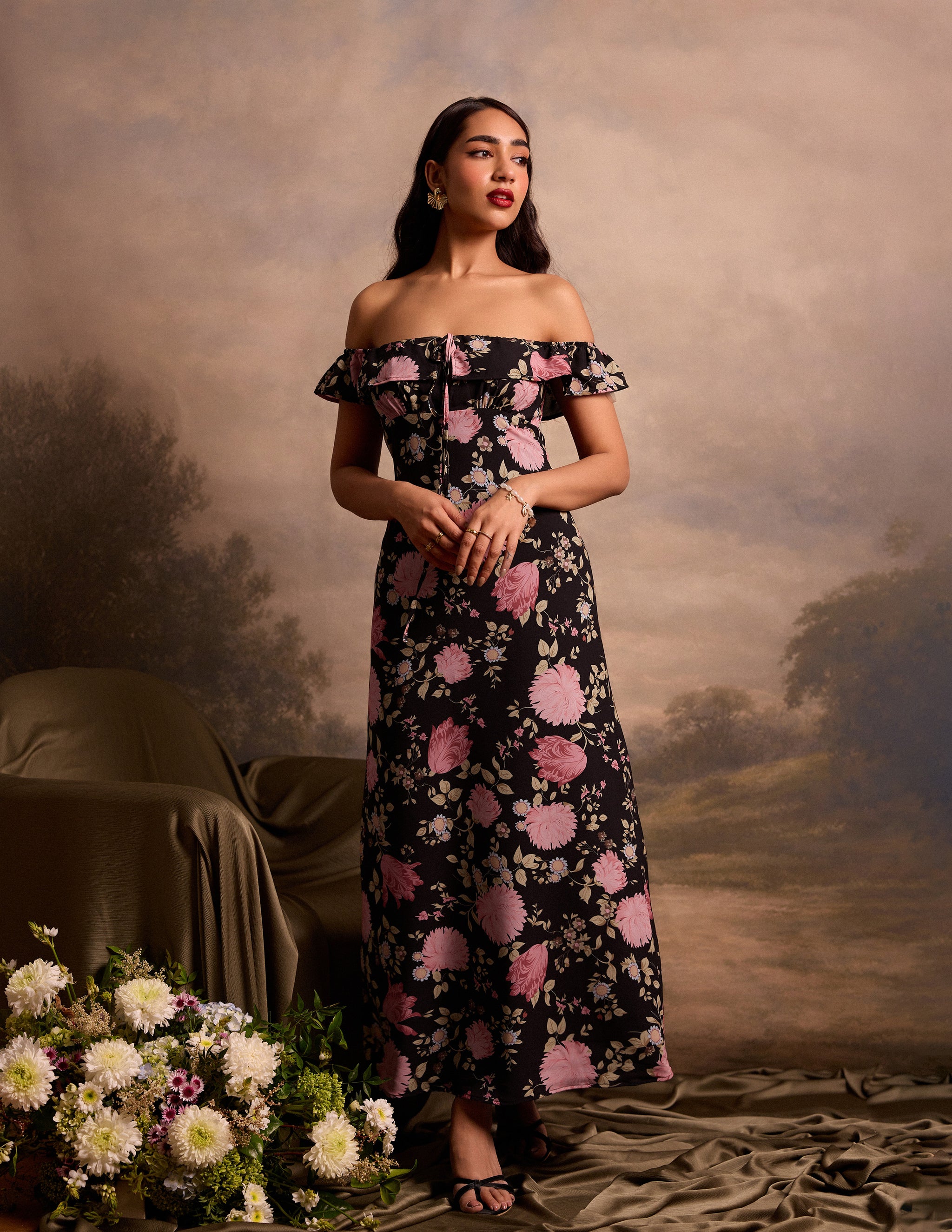 off shoulder dress sri lanka Frill Detail Printed Maxi Dress