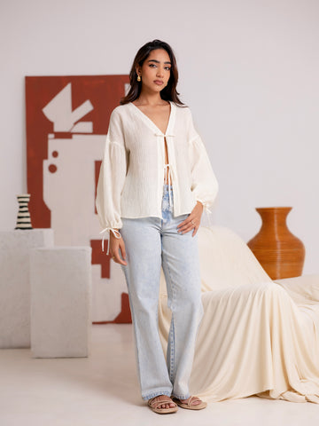 Front Tie Up Balloon Sleeved Top