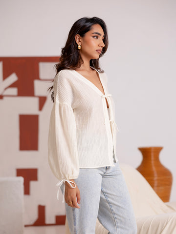 Front Tie Up Balloon Sleeved Top