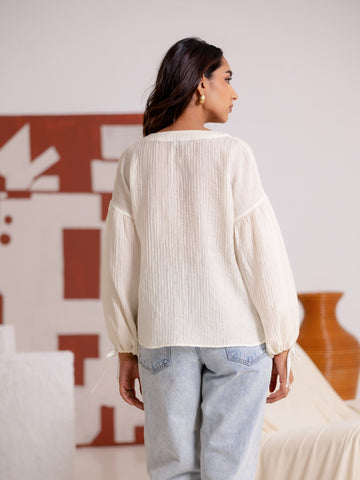 Front Tie Up Balloon Sleeved Top