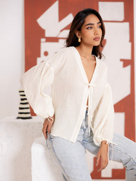 Front Tie Up Balloon Sleeved Top