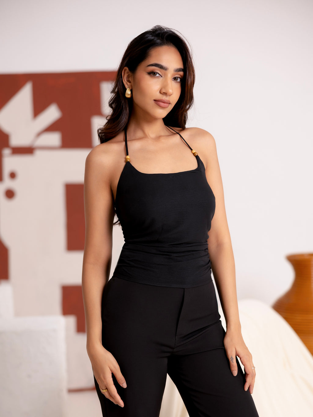 Front Bead Detailed Back Smocking Sleeveless Top