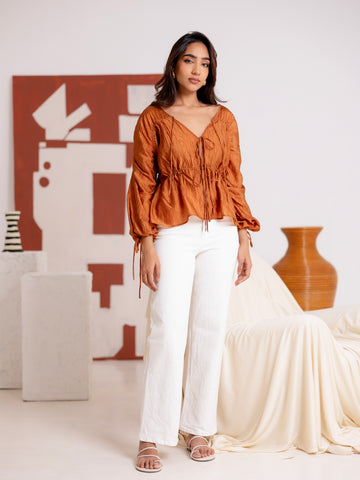 Front Tie Up Tunnel Detailed Long Sleeved Top