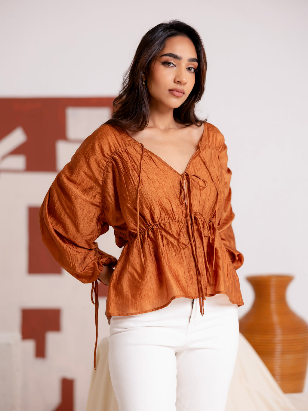 Front Tie Up Tunnel Detailed Long Sleeved Top