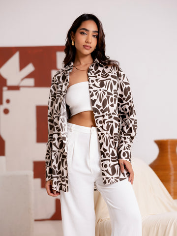 Button Down Collar Detailed Long Sleeved Printed Top