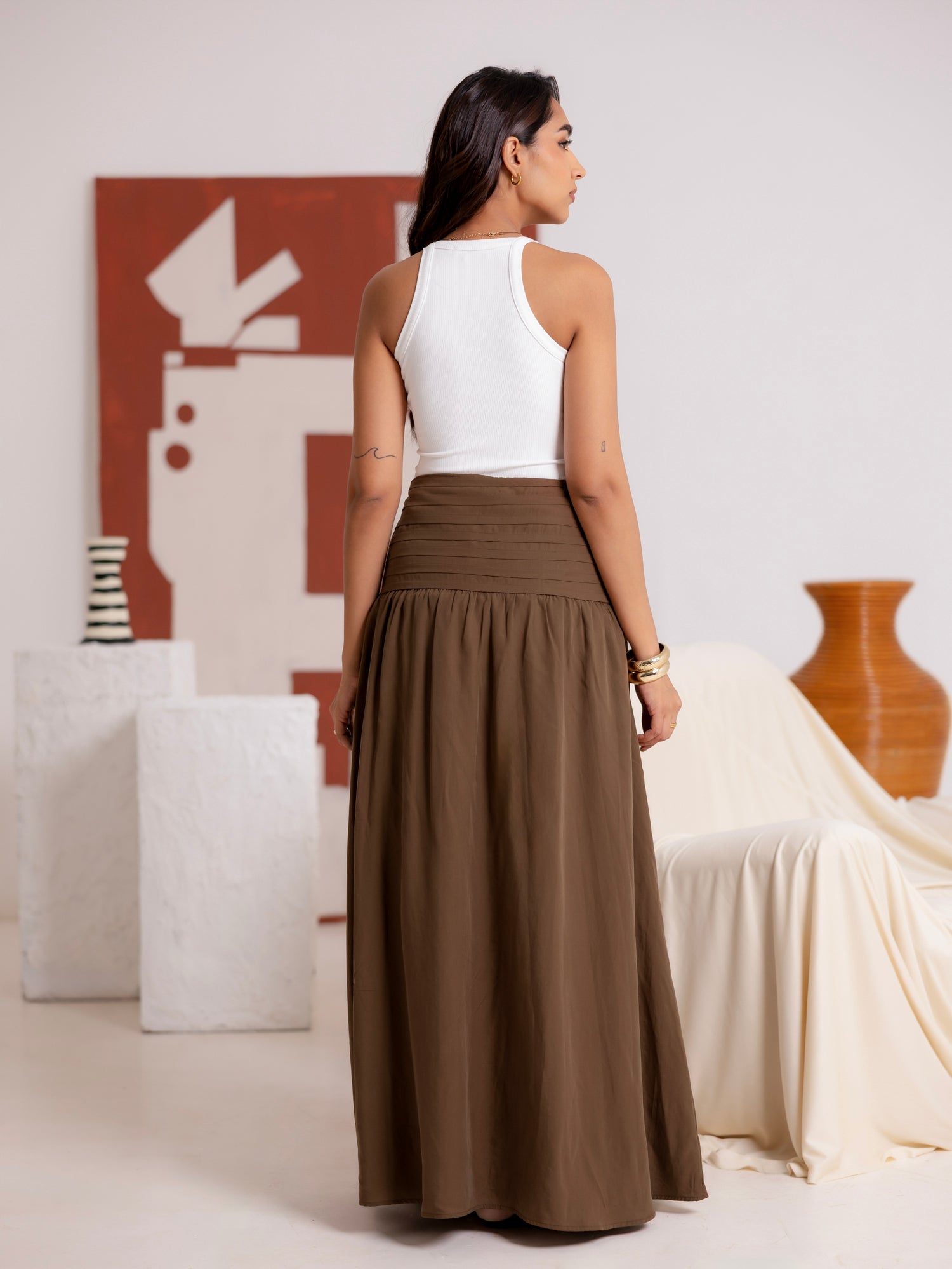 Waist Pin Tuck Detailed Maxi Skirt