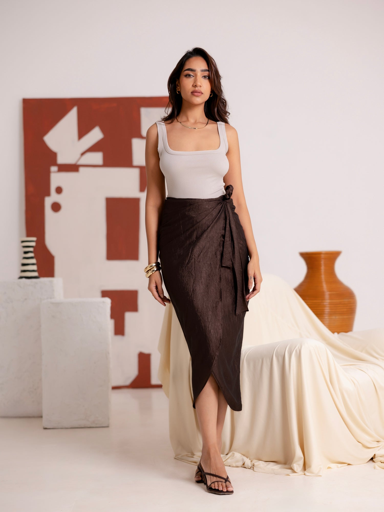 Wrap-Around Tie Detail Woven Satin Midi Skirt