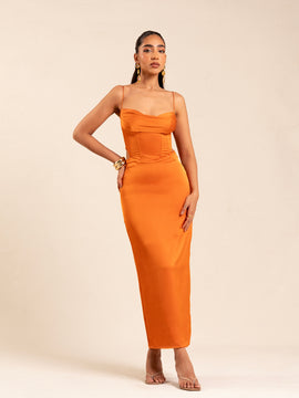 Bustier Detailed Satin Maxi Dress