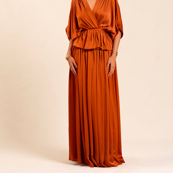 High Waisted Flared Satin Maxi Skirt