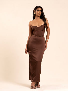 Bustier Detailed Satin Maxi Dress