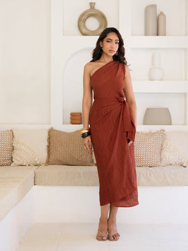 One Shoulder Front Wrap Tie Up Midi Dress
