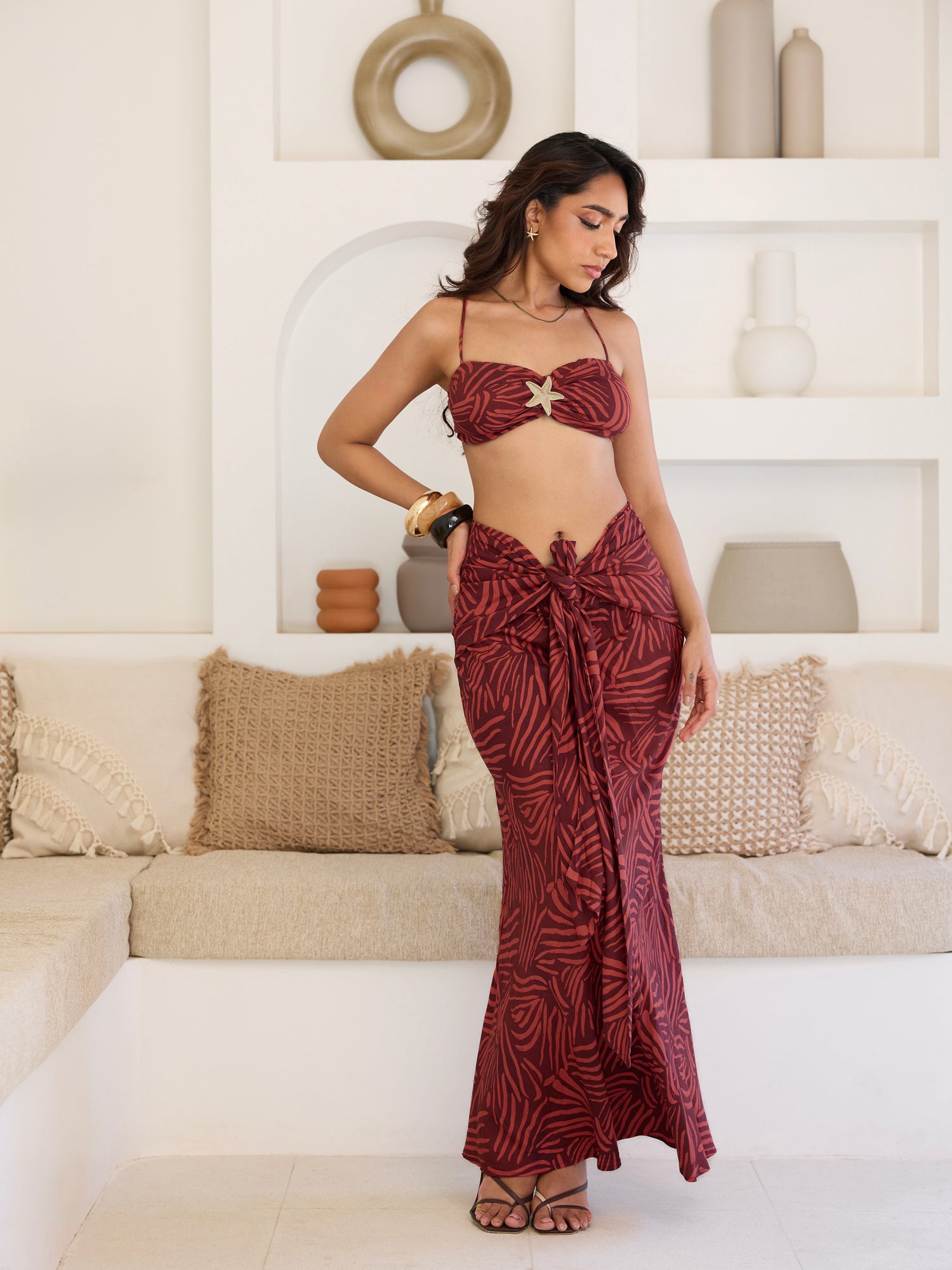 Front Sea Shell Detailed Bustier Tie Up Printed Top