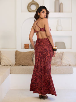 Front Ruched Tie Up Detailed Printed Maxi Skirt