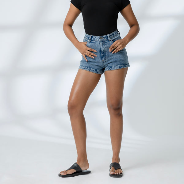 High Waist Folded Hem Acid Washed Short