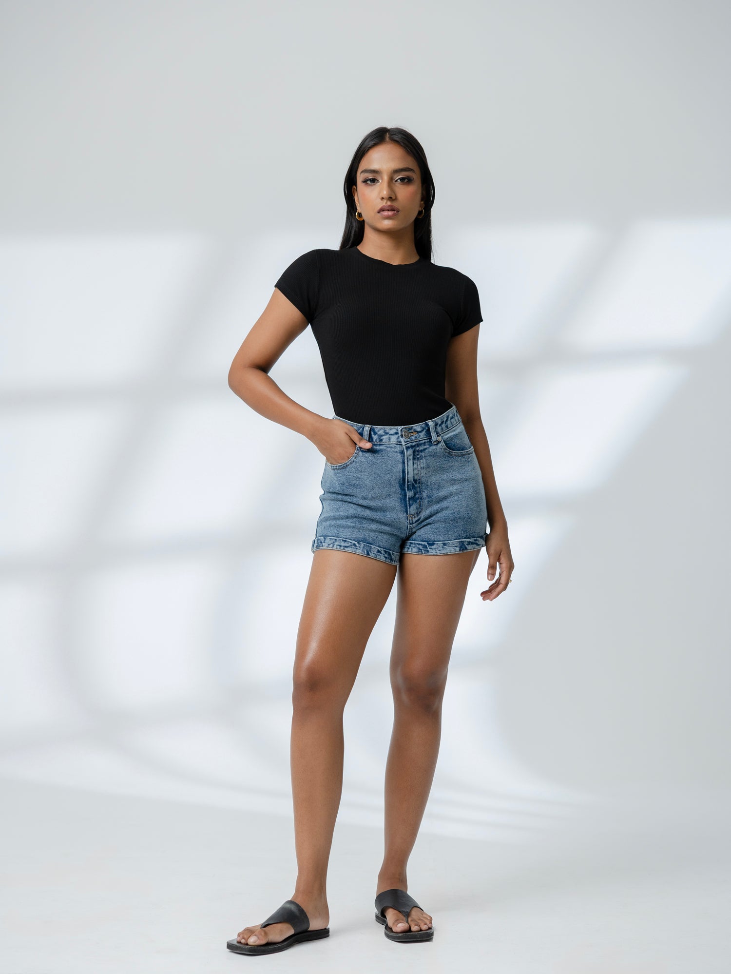 High Waist Folded Hem Acid Washed Short