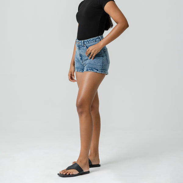 High Waist Folded Hem Acid Washed Short
