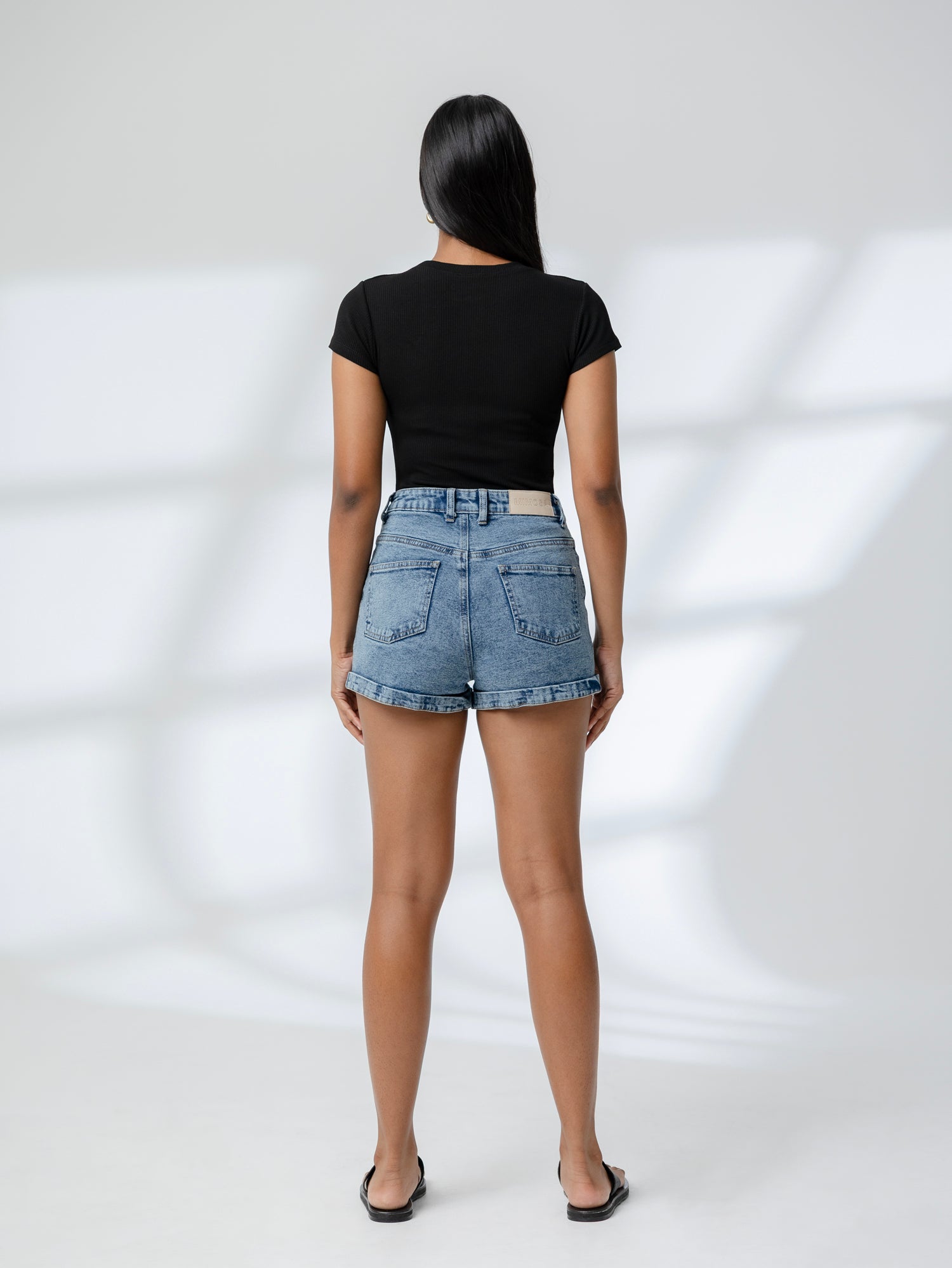 High Waist Folded Hem Acid Washed Short
