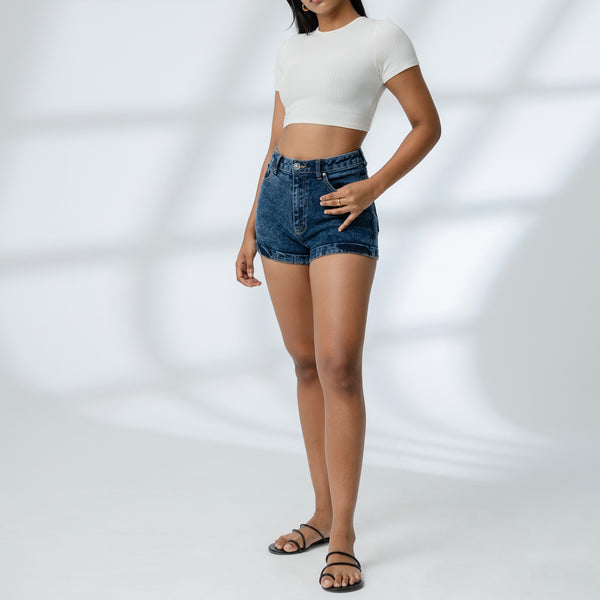 High Waist Folded Hem Acid Washed Short