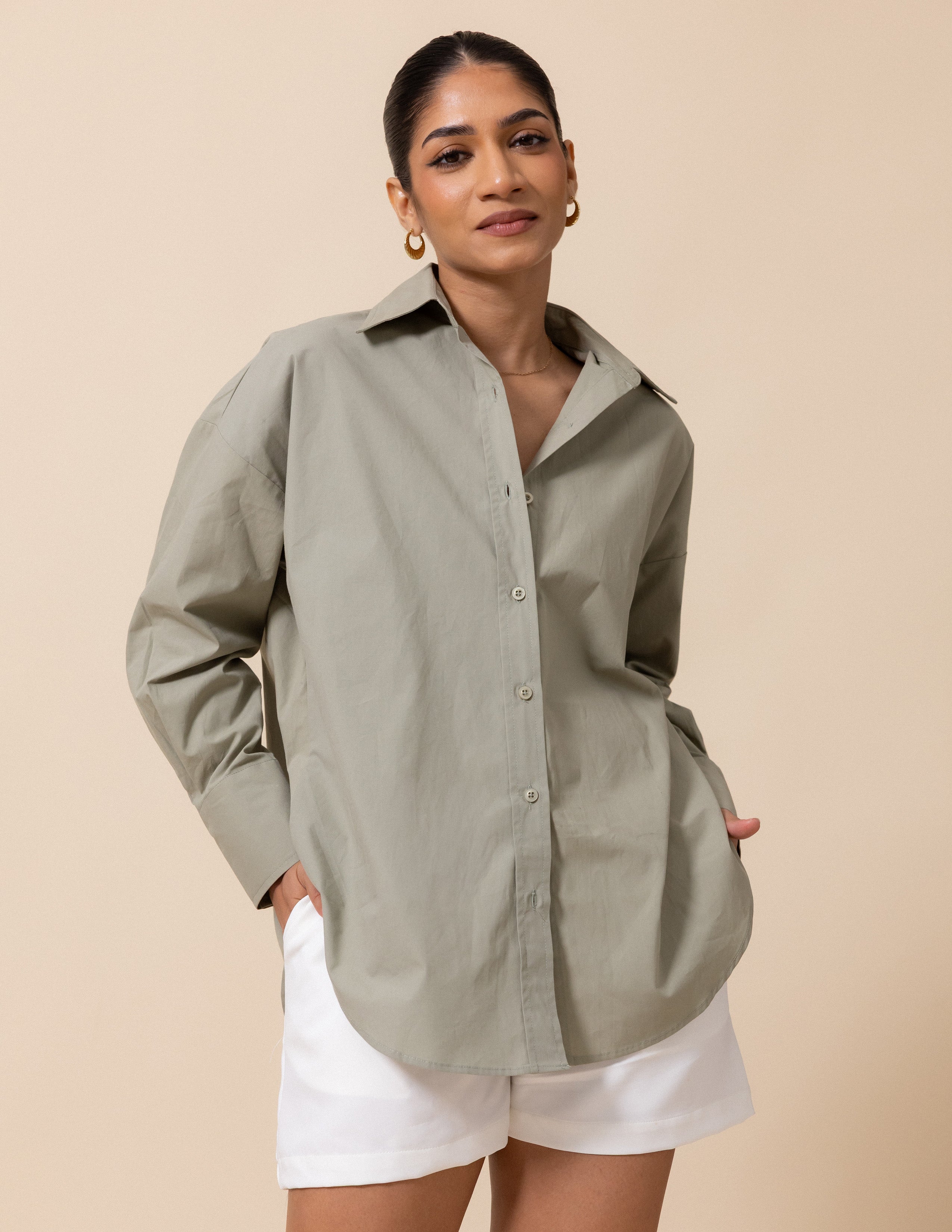 Off Shoulder Long Sleeved Button Down Shirt