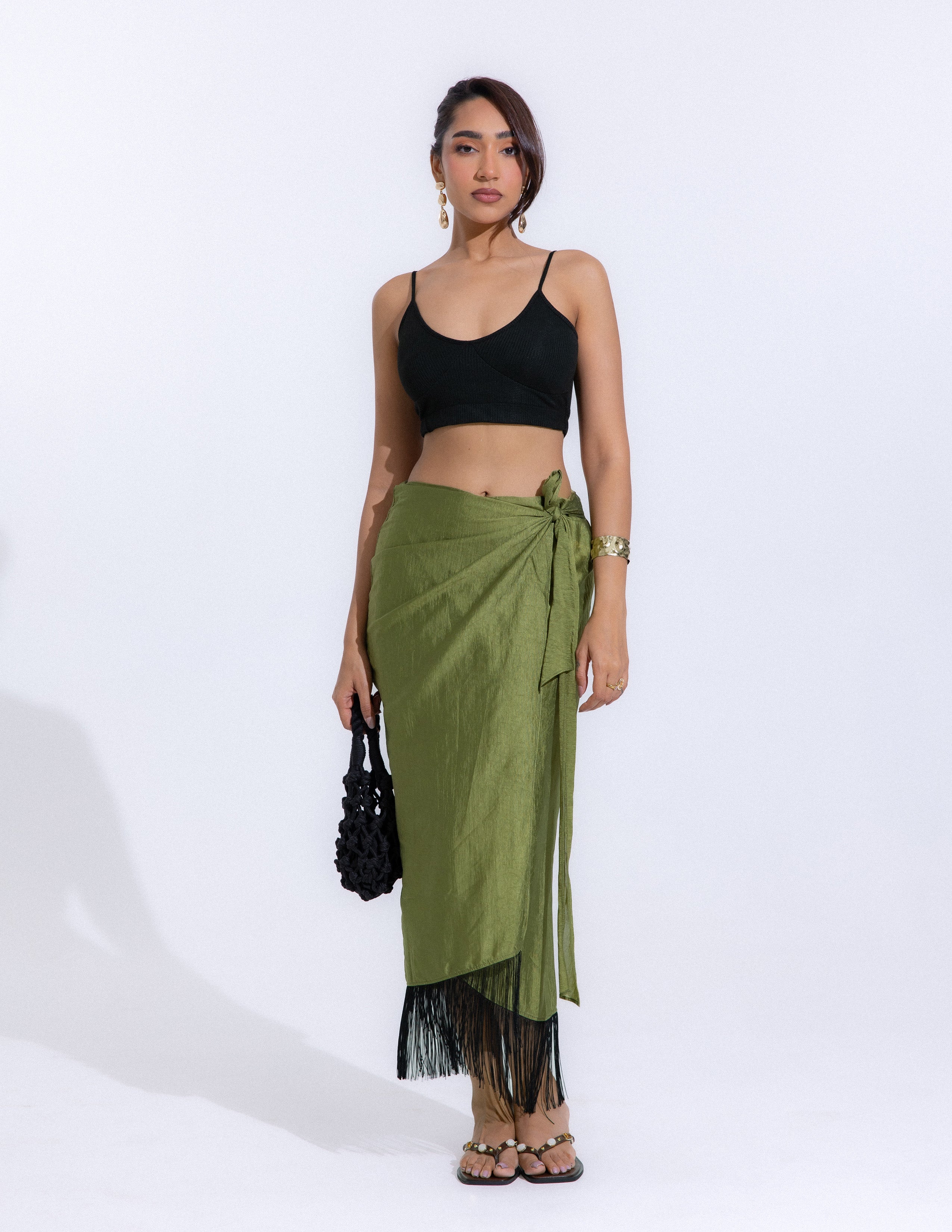 Fringe Detail Midi Wrap Skirt