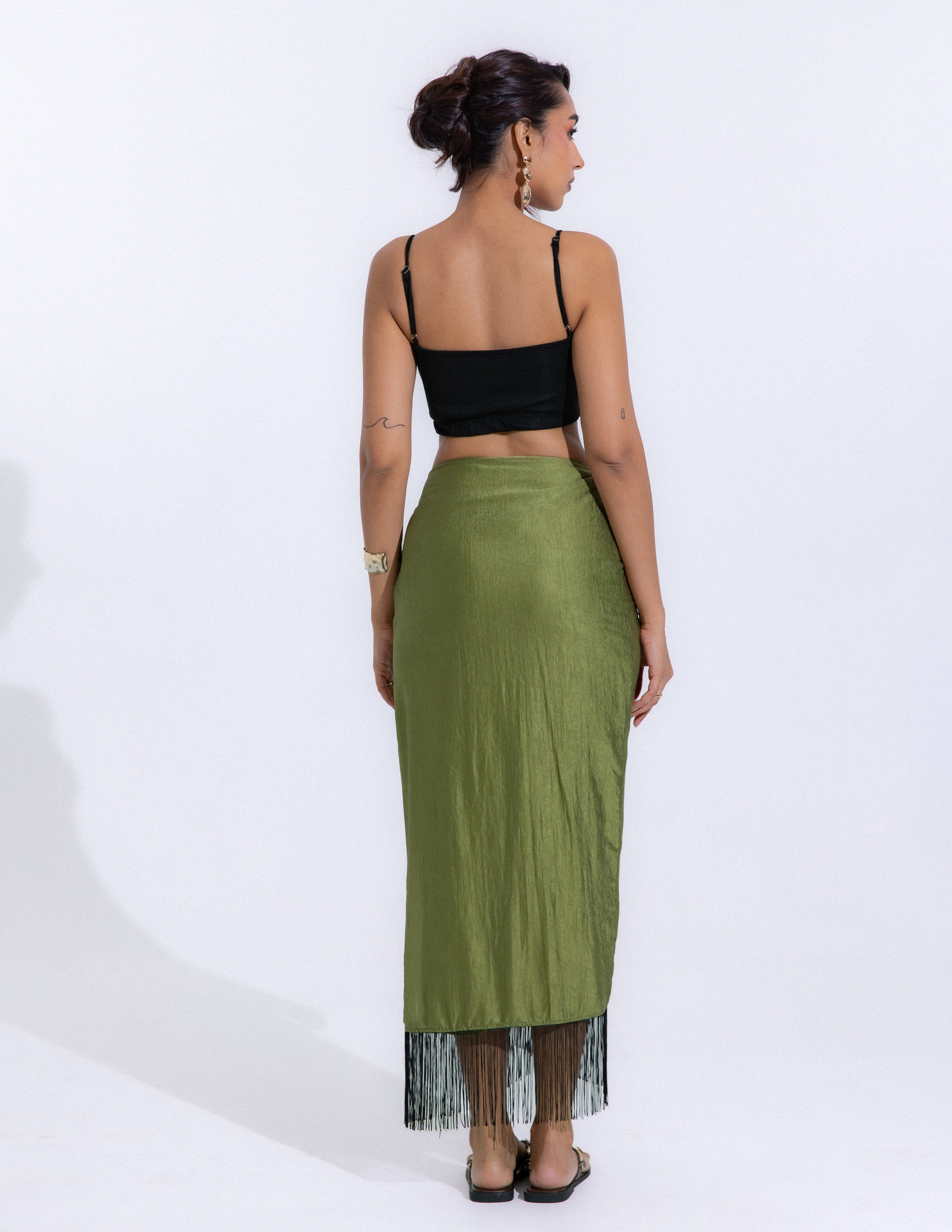 Fringe Detail Midi Wrap Skirt