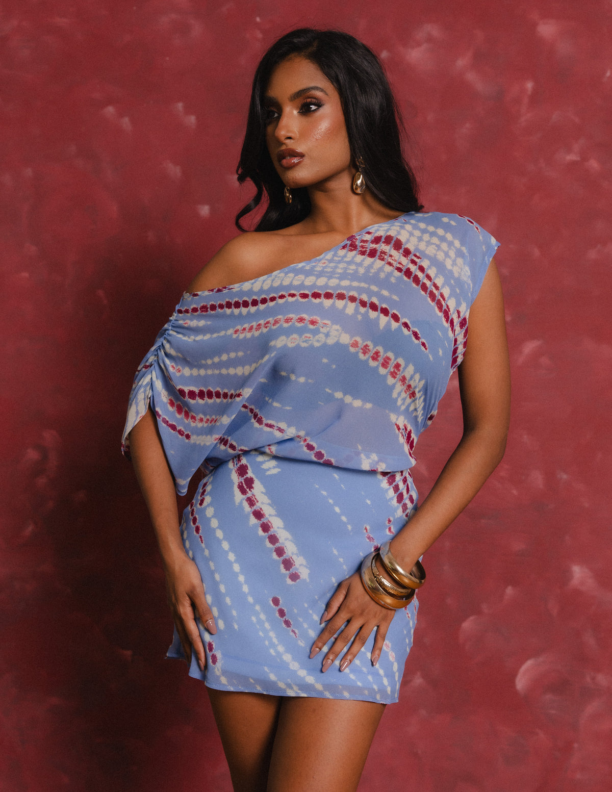 One Shoulder Gathered Mini Dress